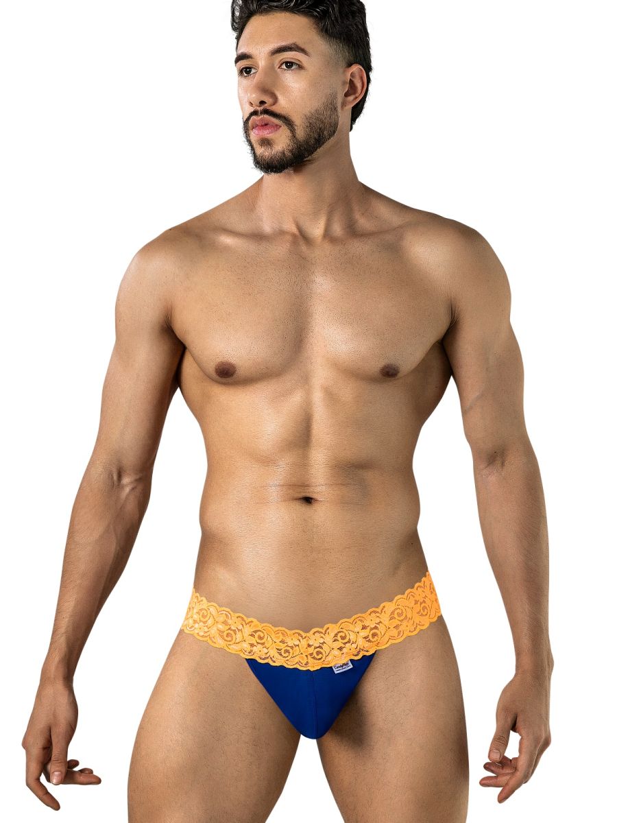 CandyMan 95015 Men's Underwear Seductive Lace Thongs Color Blue-Hot Orange