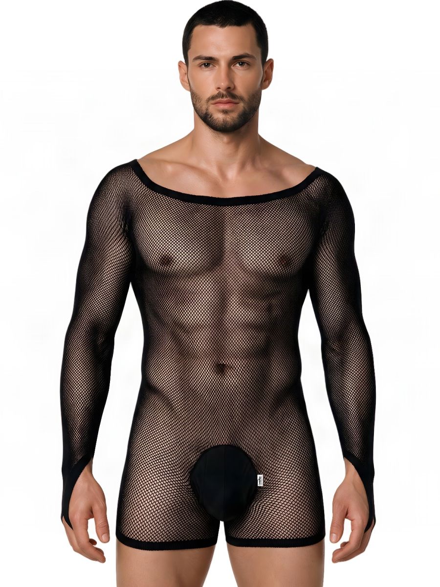 CandyMan 99955 Men's Underwear Patterned Fishnet Long Sleeve Bodysuit Color Black