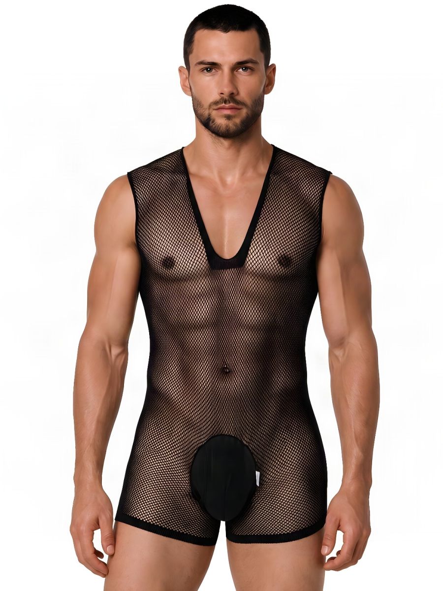 CandyMan 99956 Men's Underwear Sheer Textured Mesh Lace-Up Bodysuit Color Black