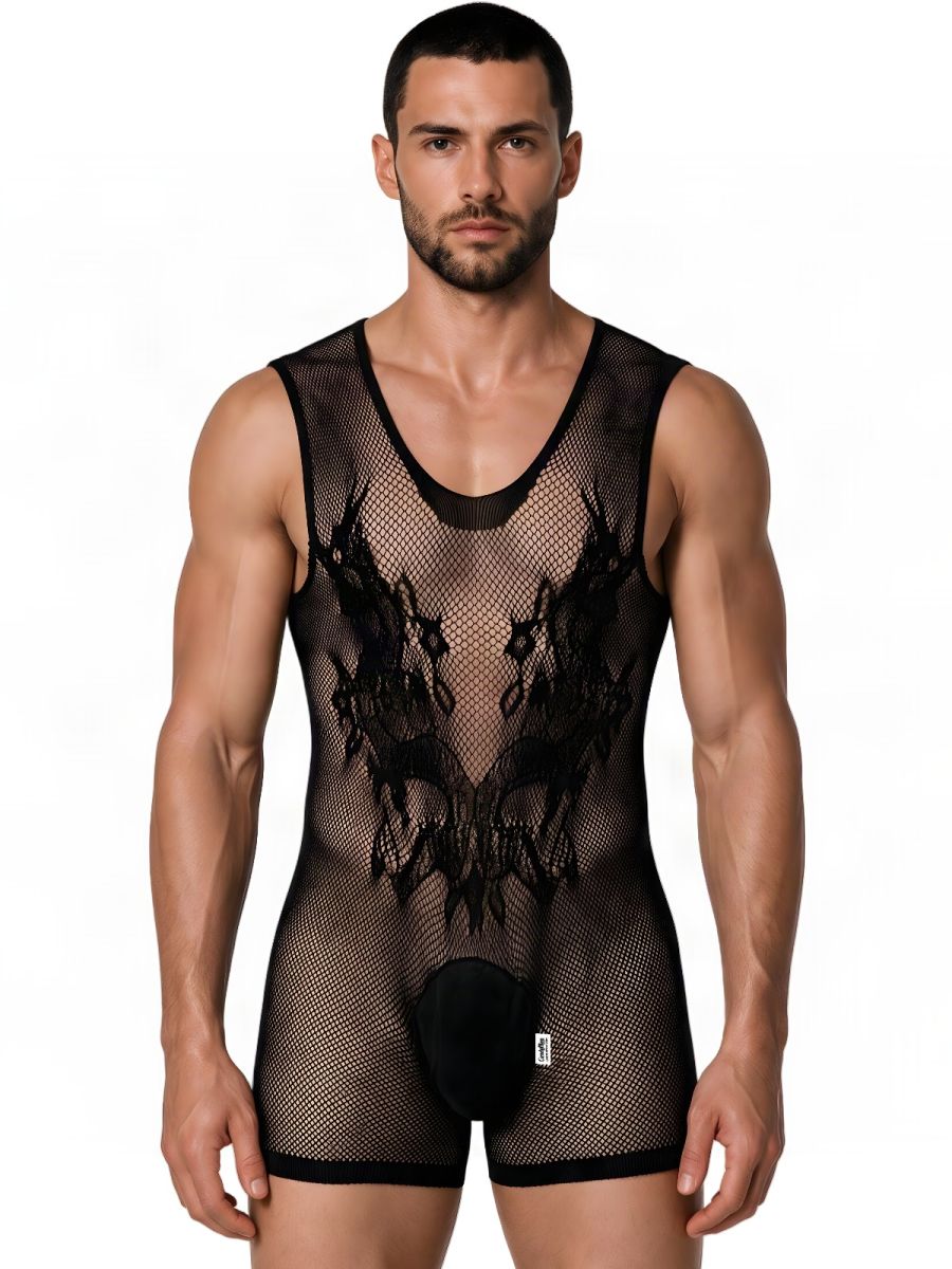CandyMan 99958 Men's Underwear Sheer Patterned Bodysuit Color Black