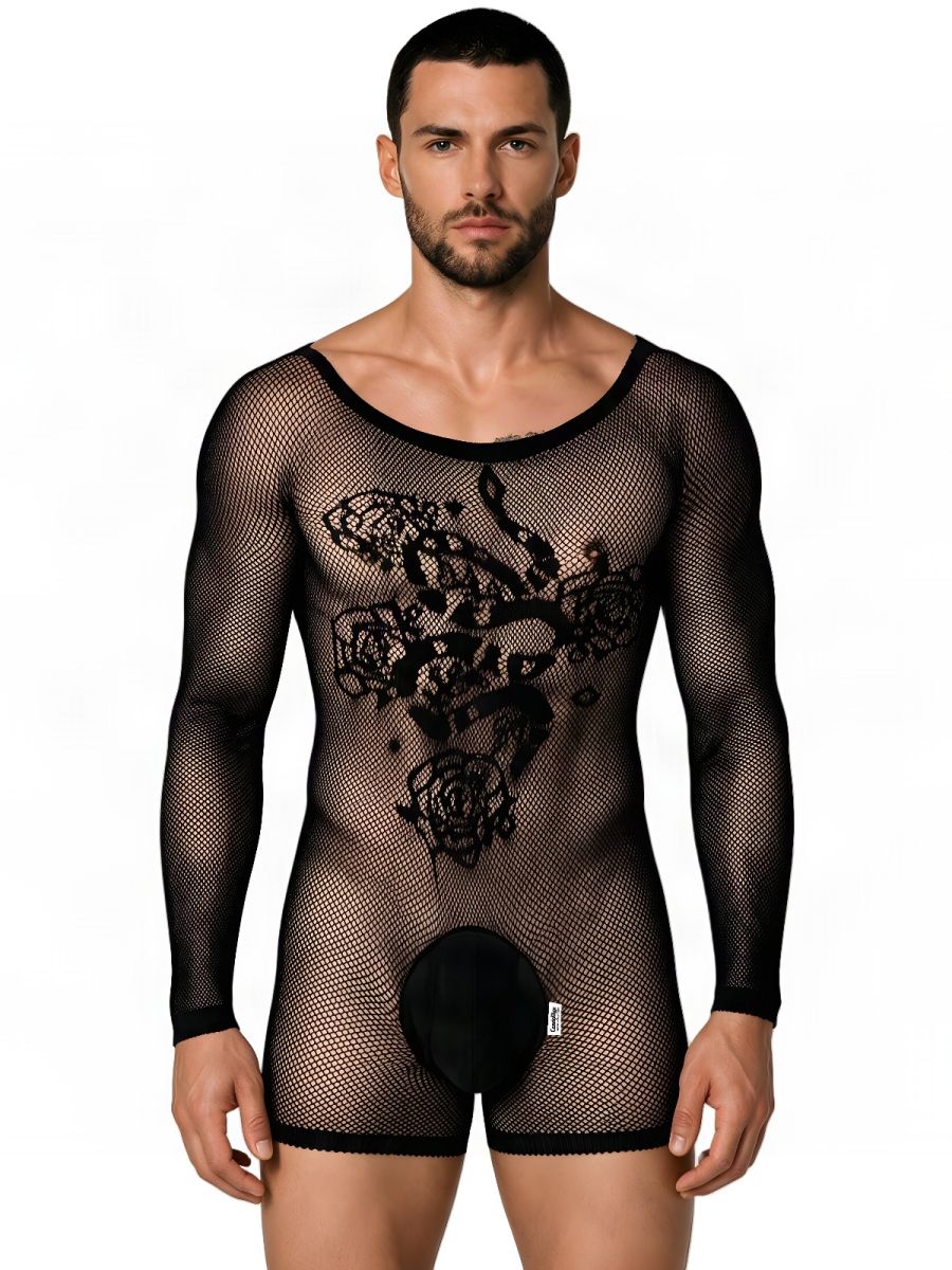 CandyMan 99959 Men's Underwear Bodysuit Alluring Sheer Long Sleeve Color Black